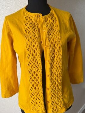 Jones New York Mustard Yellow Openwork Front Cardigan